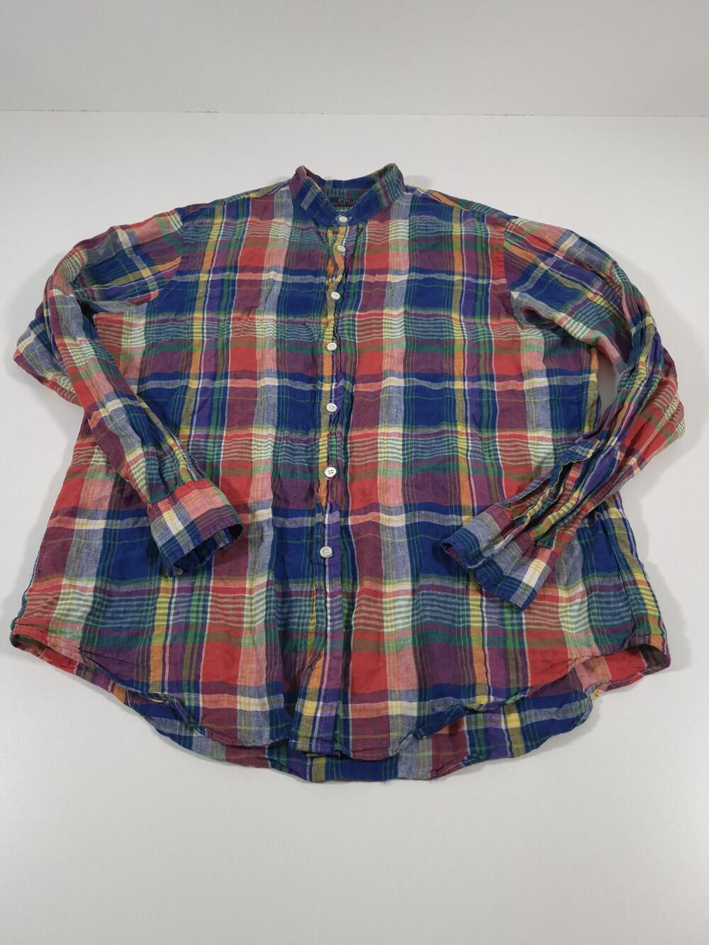 Polo Ralph Lauren Linen Shirt Mens L Multicolor Plaid Band Collar L/S Casual